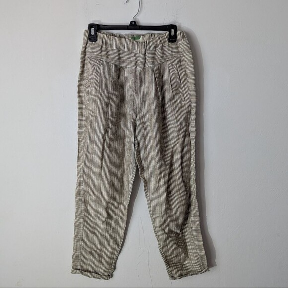 Anthropologie Linen Striped Tapered Leg Straight Leg Coastal Lagenlook Pants - Picture 2 of 7
